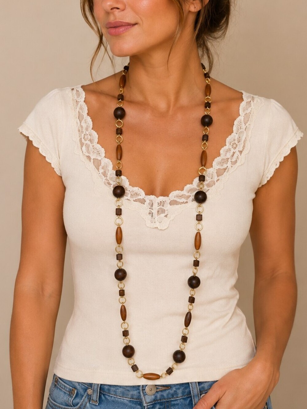 VTG 1970s Wood Bead Long Chain Sweater Necklace